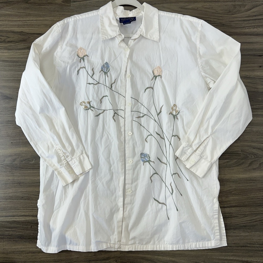VTG Womens Size L Button Up Long Sleeve Collared Blouse Embroidered Cottagecore - Picture 5 of 6